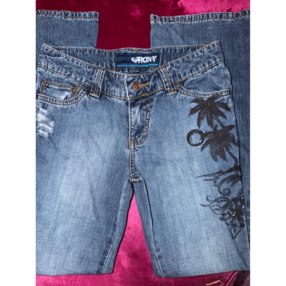 Roxy Girl Kids Blue Denim Tropical Palm Tree Hibiscus Distressed Jeans Size 10